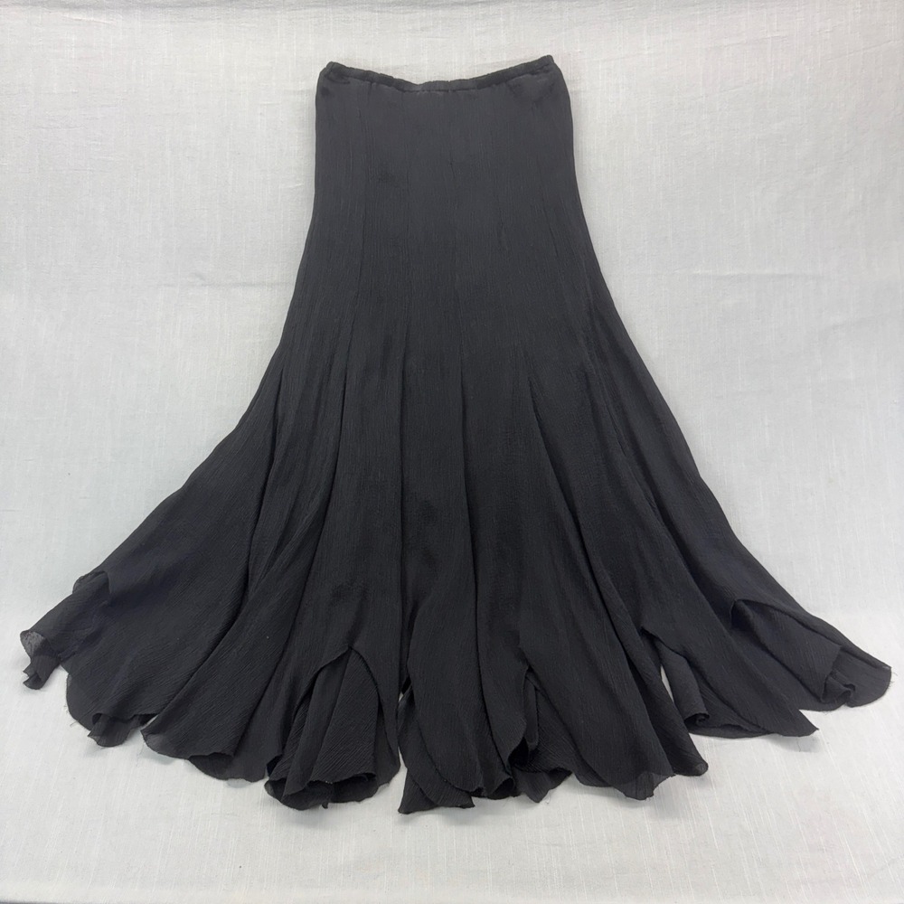 Express Maxi Skirt Womens XS Silk Black Crinkle Handkerchief Hem Flowy Boho